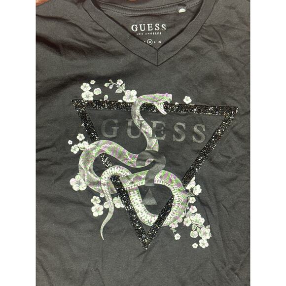 GUESS Women’s Medium Black V-Neck Tee Sparkle Logo Snake Floral Graphic - Picture 2 of 6